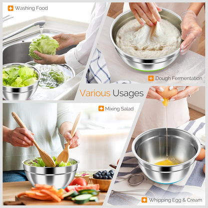 Stainless Steel Mixing Bowls with Airtight Clear Lids, Khaki