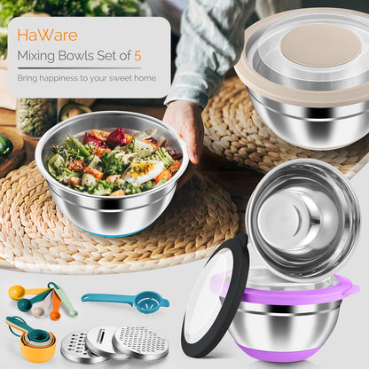 Stainless Steel Mixing Bowls with Airtight Clear Lids, Khaki