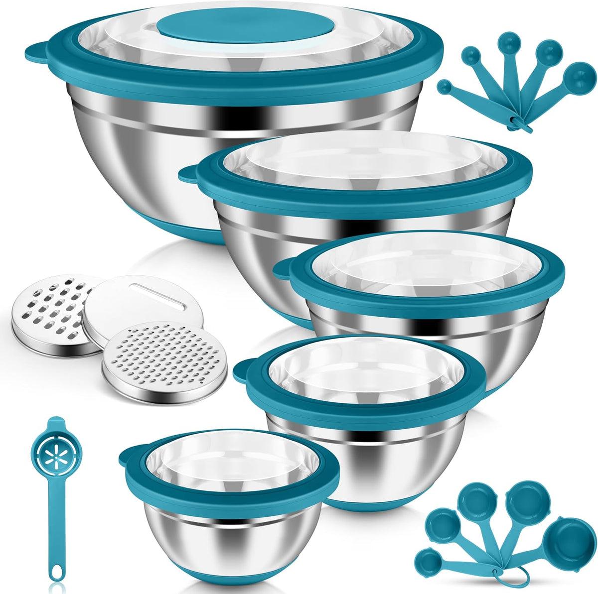 Stainless Steel Mixing Bowls with Airtight Clear Lids, Khaki