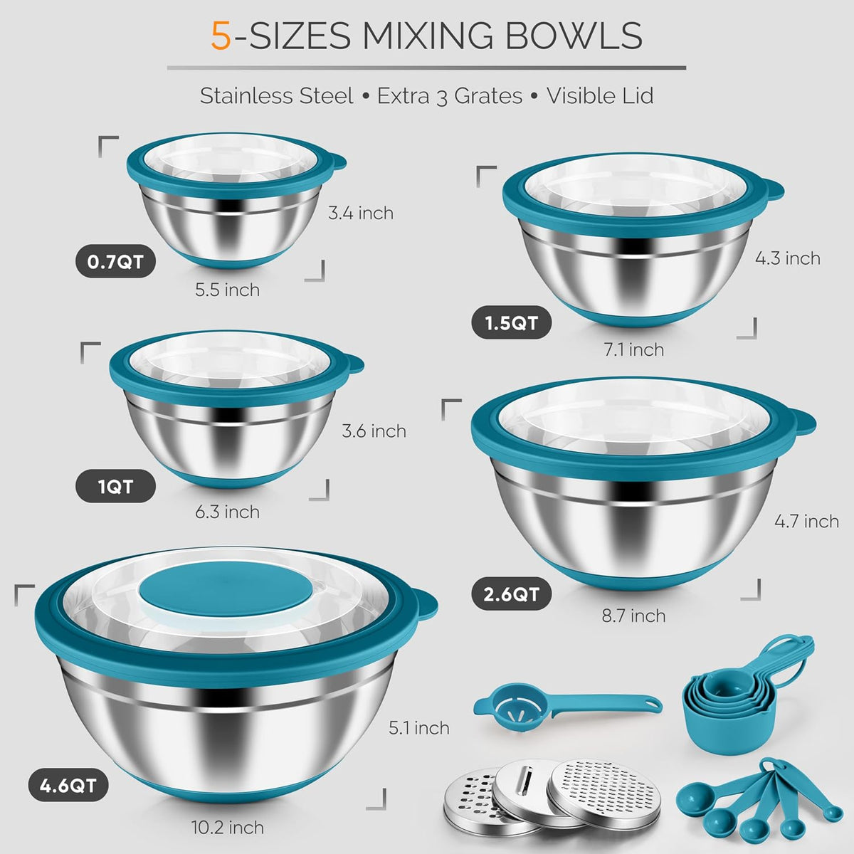 Stainless Steel Mixing Bowls with Airtight Clear Lids, Khaki