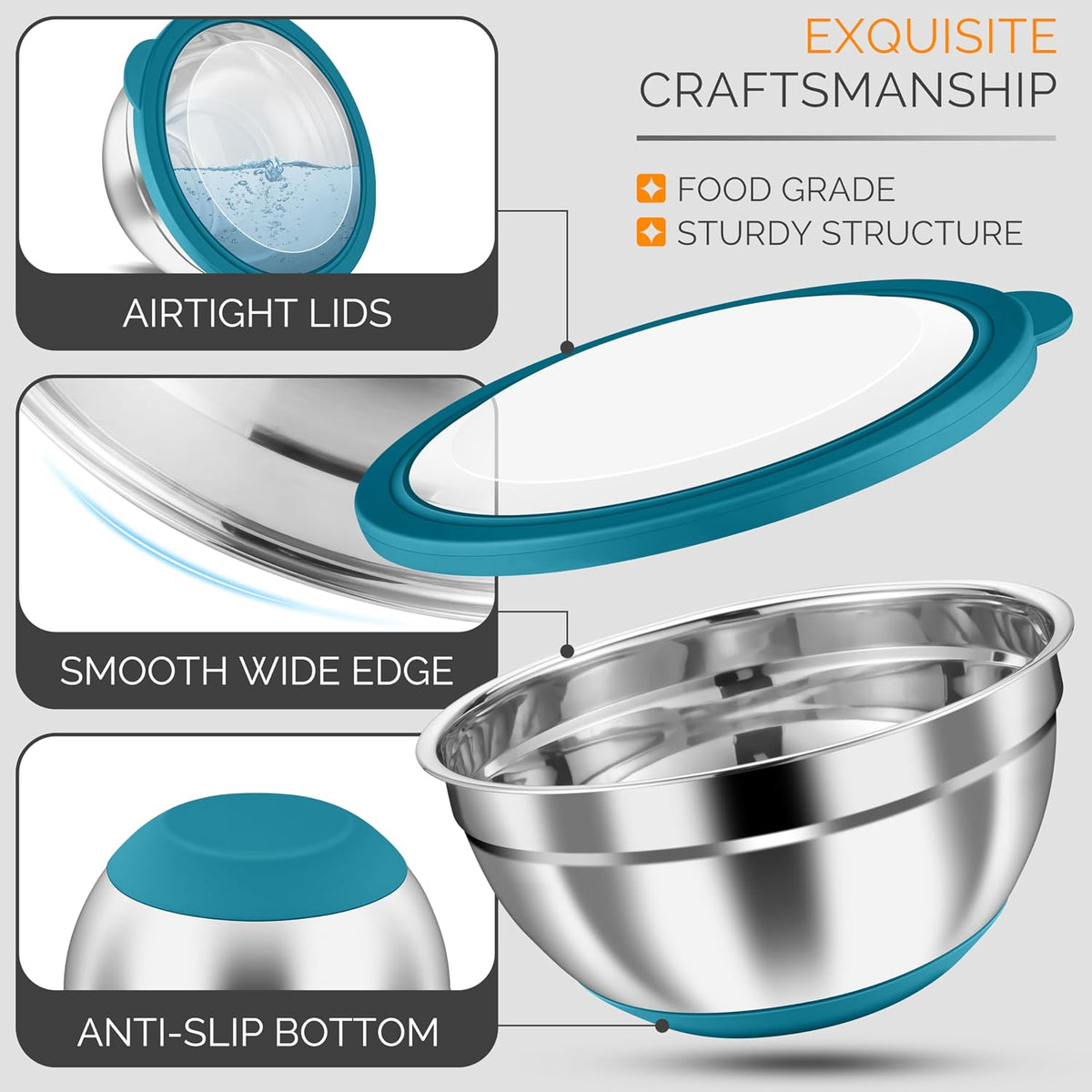 Stainless Steel Mixing Bowls with Airtight Clear Lids, Khaki