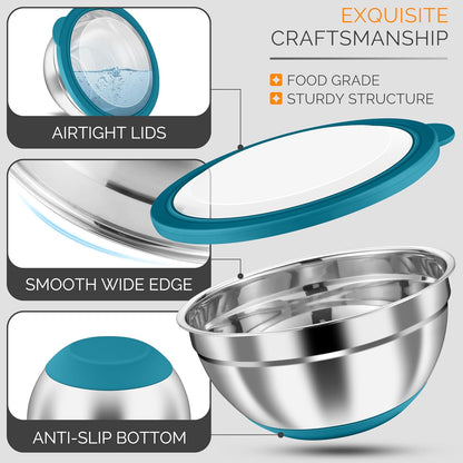 Stainless Steel Mixing Bowls with Airtight Clear Lids, Khaki