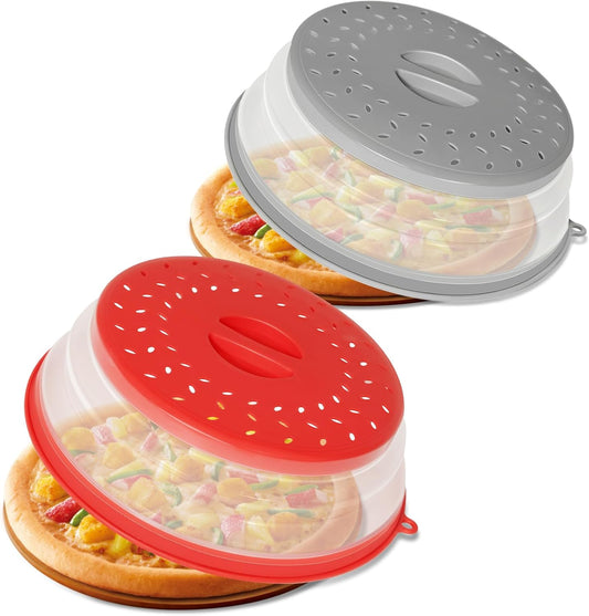 2 Pack Collapsible Microwave Splatter Cover Red & Grey | Vented Microwave Splatter Guard Food Cover with Hook Hole, Vegetable Fruit Colander Multi-function Kitchen Gadget