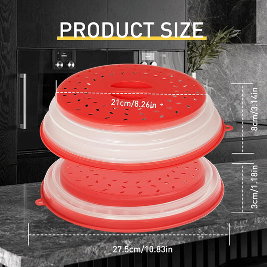 2 Pack Collapsible Microwave Splatter Cover Red & Grey | Vented Microwave Splatter Guard Food Cover with Hook Hole, Vegetable Fruit Colander Multi-function Kitchen Gadget