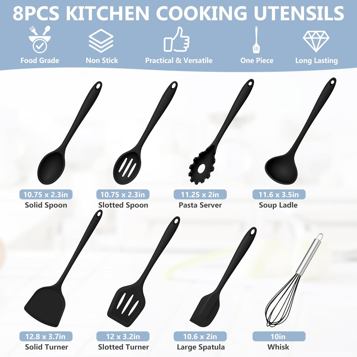 Silicone Cooking Utensils Set, 8 PCS Kitchen Utensils Set, Black