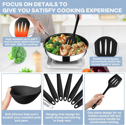 Silicone Cooking Utensils Set, 8 PCS Kitchen Utensils Set, Black