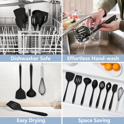 Silicone Cooking Utensils Set, 8 PCS Kitchen Utensils Set, Black