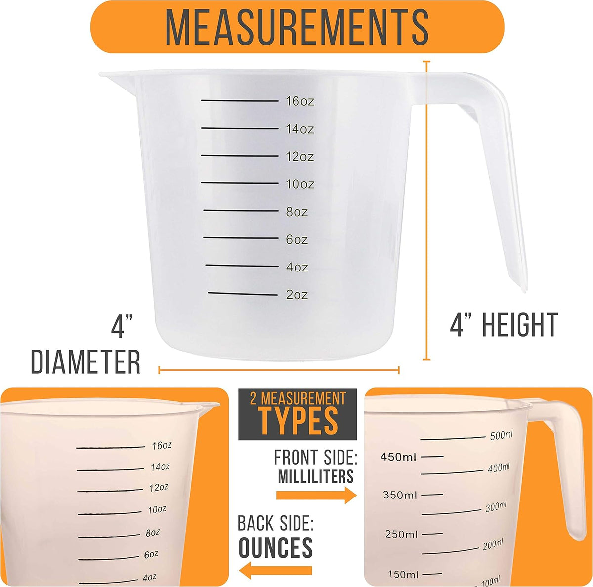 Plastic Measuring Cups with Handles - 8 oz (250 ml)