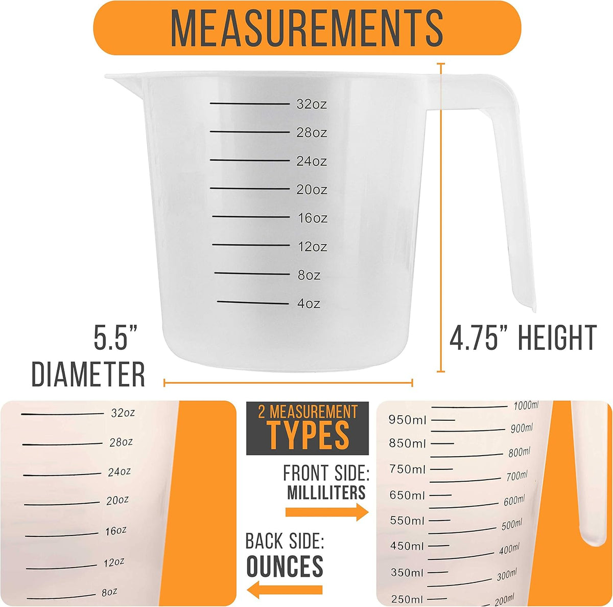 Plastic Measuring Cups with Handles - 8 oz (250 ml)