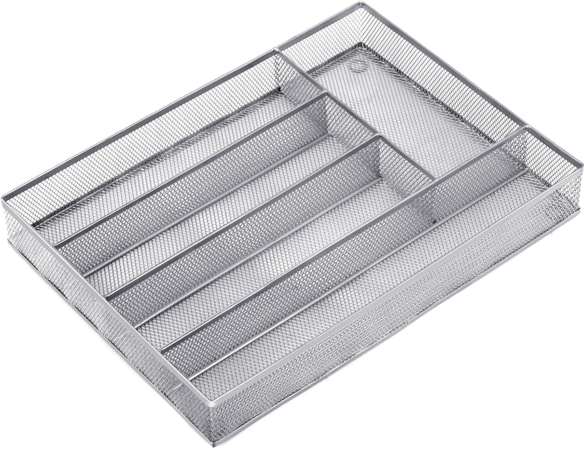 Silverware Drawer Organizer, Silver, 5 Compartment | Mesh Wire, Non-Slip Feet, Cutlery Tray, Flatware Storage Divider