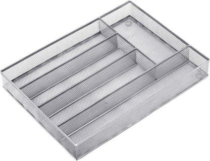 Silverware Drawer Organizer, Silver, 5 Compartment | Mesh Wire, Non-Slip Feet, Cutlery Tray, Flatware Storage Divider