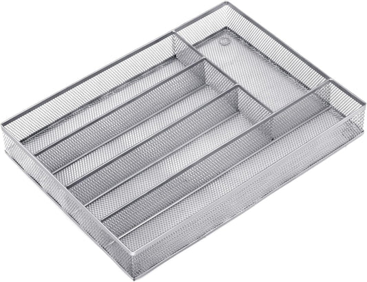 Silverware Drawer Organizer, Silver, 5 Compartment | Mesh Wire, Non-Slip Feet, Cutlery Tray, Flatware Storage Divider