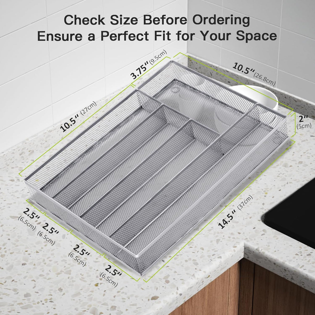 Silverware Drawer Organizer, Silver, 5 Compartment | Mesh Wire, Non-Slip Feet, Cutlery Tray, Flatware Storage Divider
