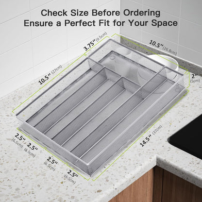 Silverware Drawer Organizer, Silver, 5 Compartment | Mesh Wire, Non-Slip Feet, Cutlery Tray, Flatware Storage Divider