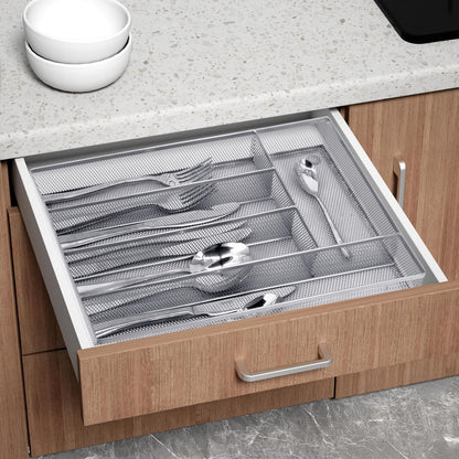 Silverware Drawer Organizer, Silver, 5 Compartment | Mesh Wire, Non-Slip Feet, Cutlery Tray, Flatware Storage Divider