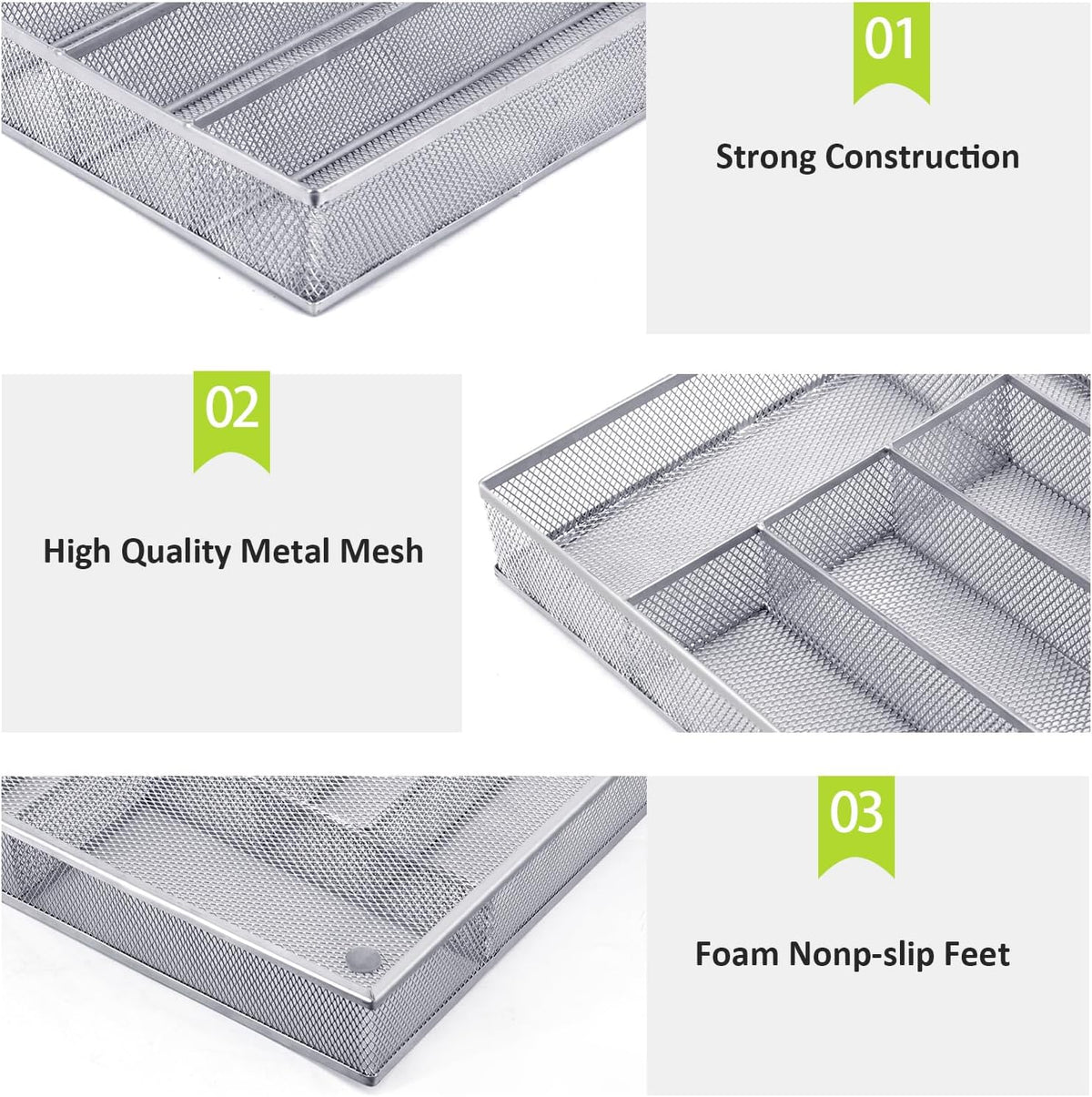 Silverware Drawer Organizer, Silver, 5 Compartment | Mesh Wire, Non-Slip Feet, Cutlery Tray, Flatware Storage Divider