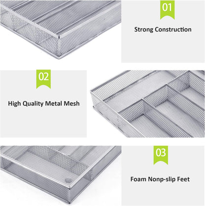 Silverware Drawer Organizer, Silver, 5 Compartment | Mesh Wire, Non-Slip Feet, Cutlery Tray, Flatware Storage Divider