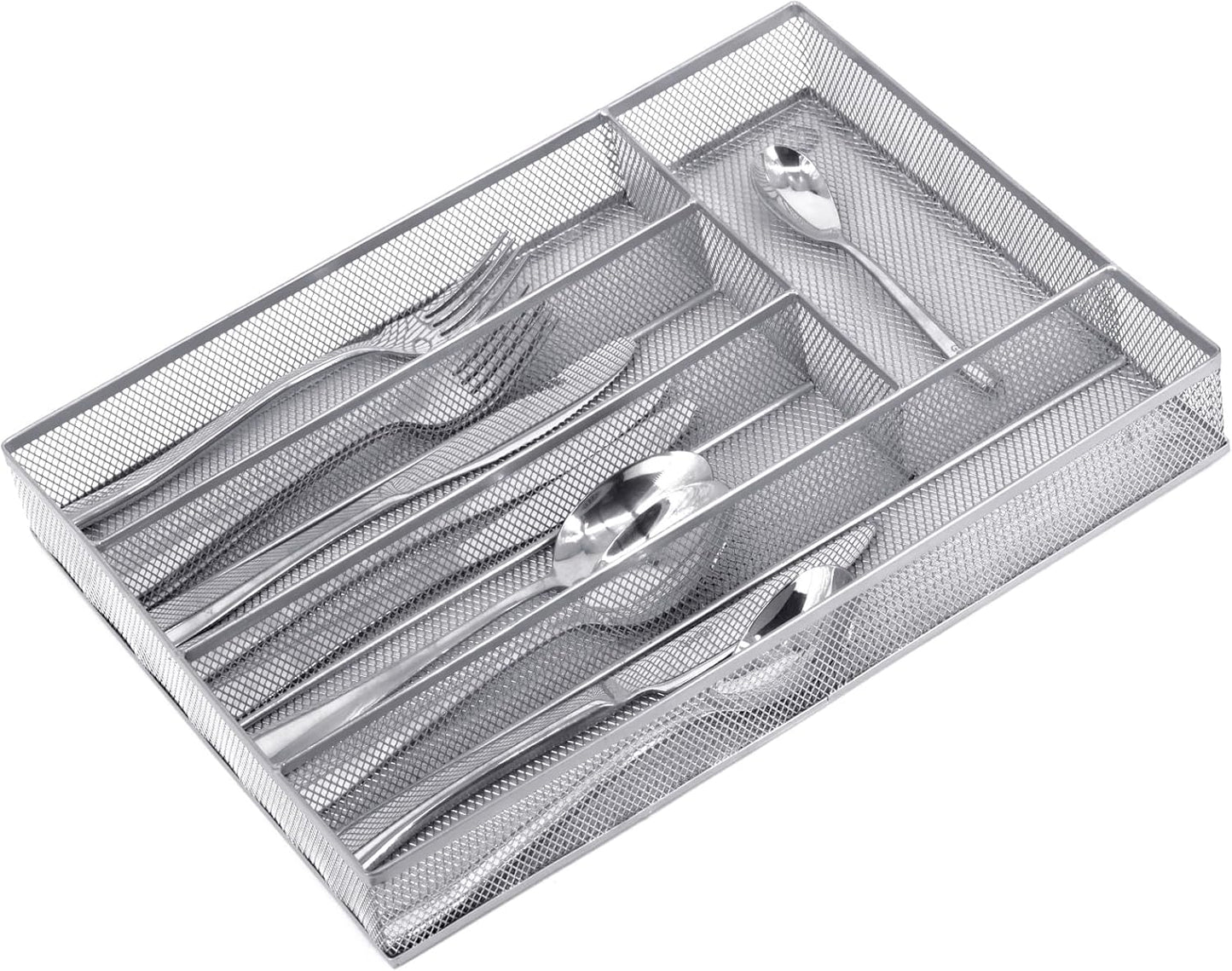 Silverware Drawer Organizer, Silver, 5 Compartment | Mesh Wire, Non-Slip Feet, Cutlery Tray, Flatware Storage Divider