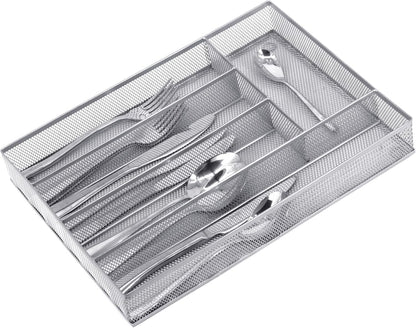 Silverware Drawer Organizer, Silver, 5 Compartment | Mesh Wire, Non-Slip Feet, Cutlery Tray, Flatware Storage Divider