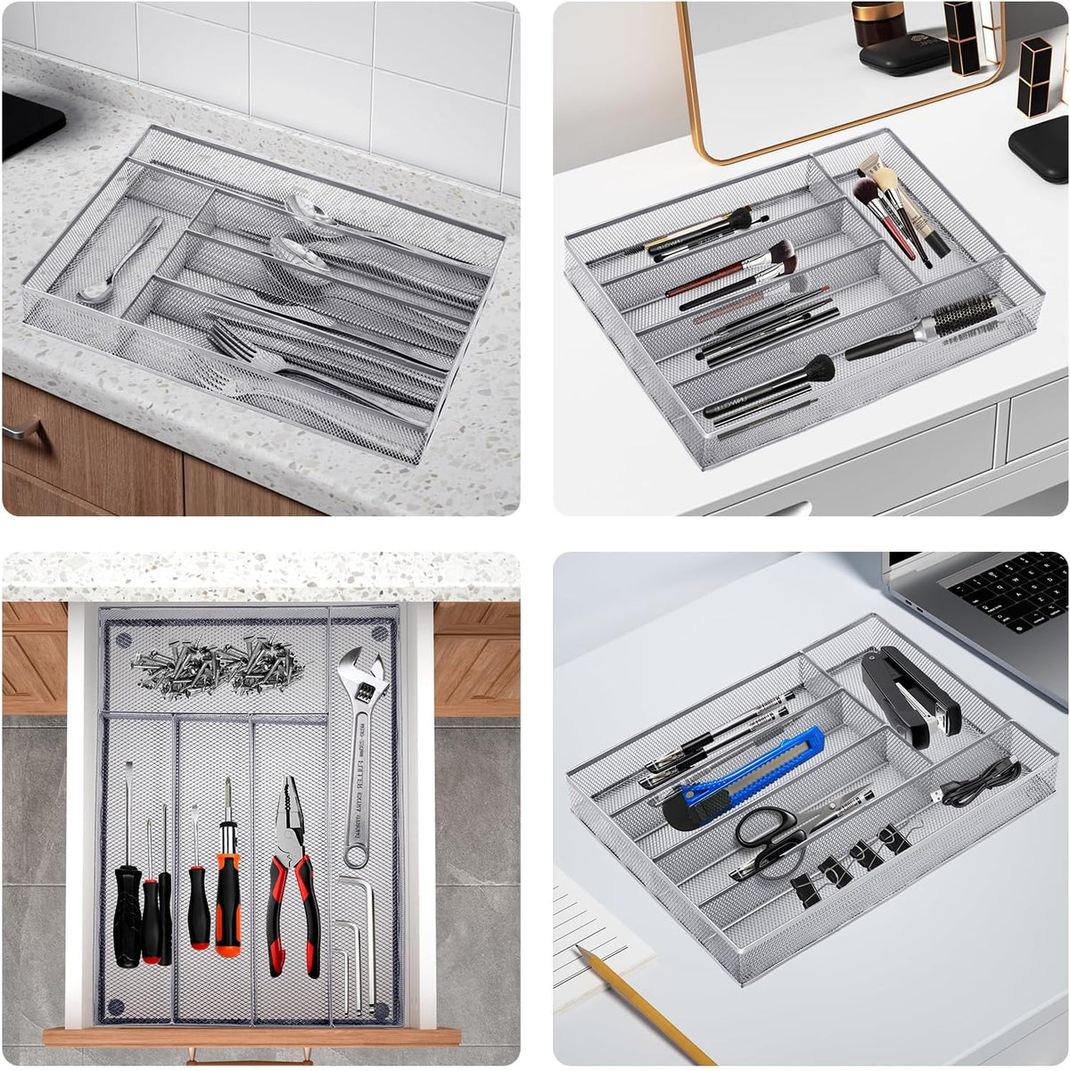 Silverware Drawer Organizer, Silver, 5 Compartment | Mesh Wire, Non-Slip Feet, Cutlery Tray, Flatware Storage Divider