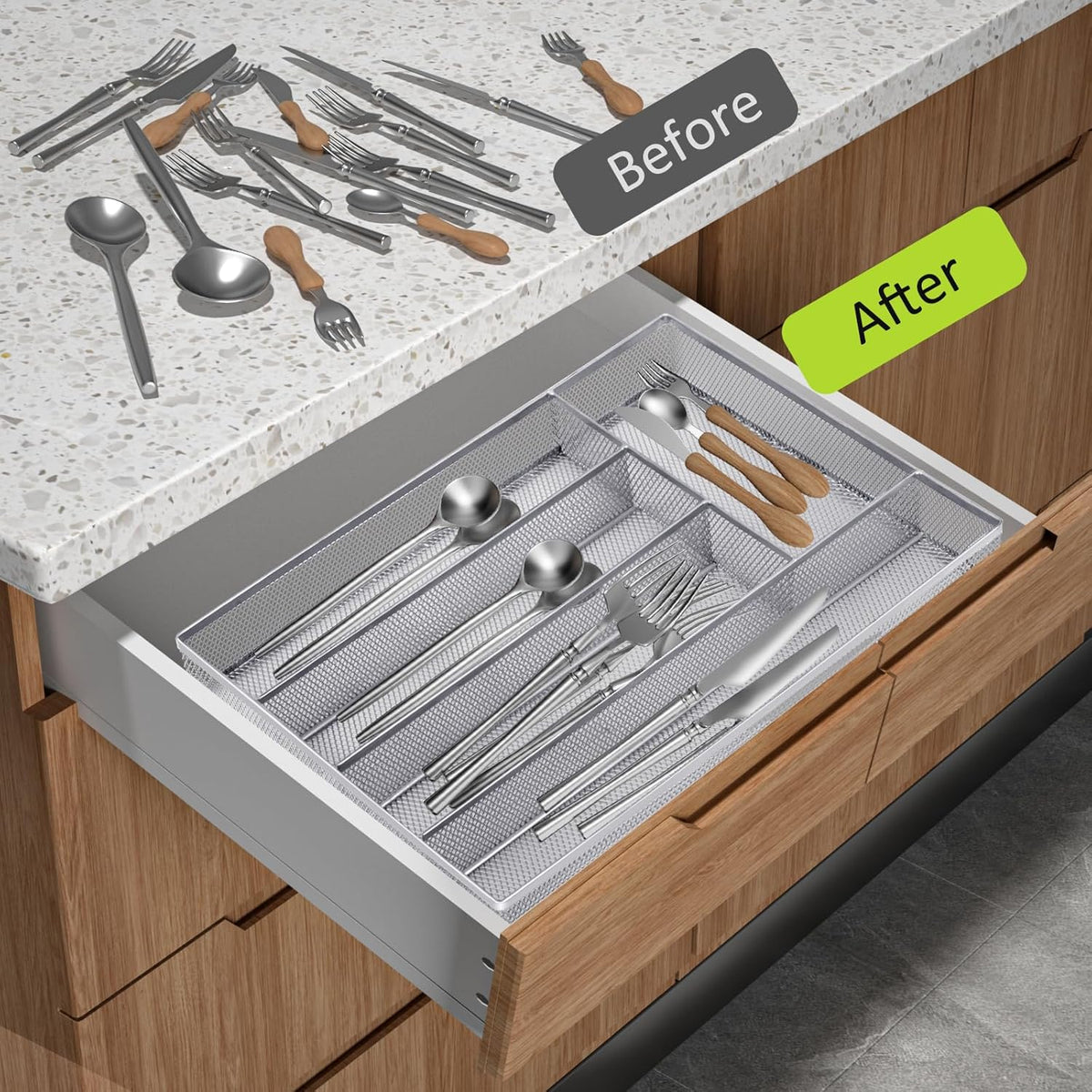 Silverware Drawer Organizer, Silver, 5 Compartment | Mesh Wire, Non-Slip Feet, Cutlery Tray, Flatware Storage Divider