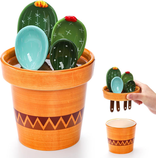 5Pcs Ceramic Measuring Spoons in Pot, Cactus Shape Baking Measuring Spoons and Cup Decorative Cactus Figurine Measuring Spoon Set for Baking, Milk, Sugar, Salt