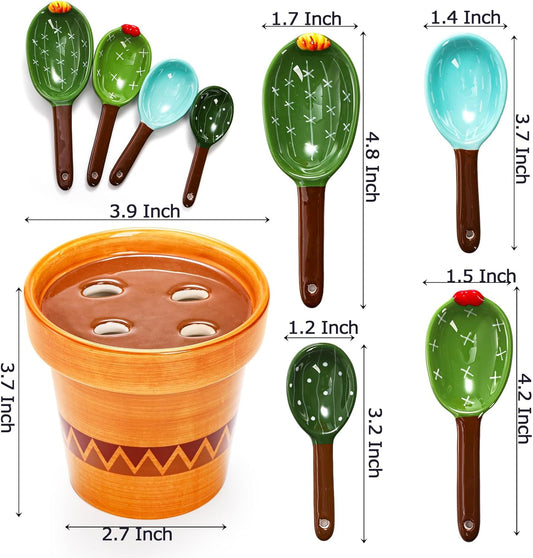 5Pcs Ceramic Measuring Spoons in Pot, Cactus Shape Baking Measuring Spoons and Cup Decorative Cactus Figurine Measuring Spoon Set for Baking, Milk, Sugar, Salt