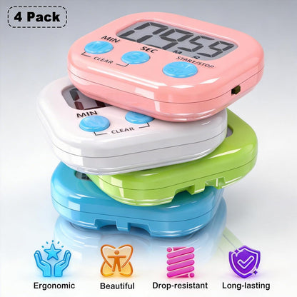 4 Pack Digital Timer for Kids, Kitchen Timer for Cooking, Classroom, Study, Exercise with Countdown/Up Mode - Loud Alarm, Large Display - AAA Battery Operated (Not Included)