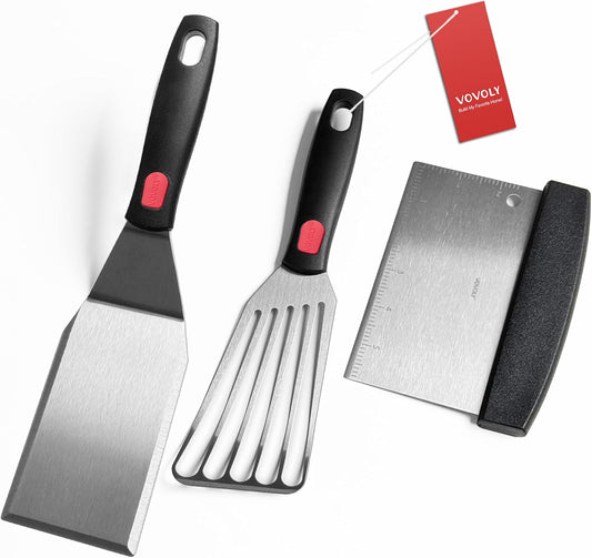 Stainless Steel Spatula Set with Heat Resistant Silicone Handle, Metal Spatulas For Kitchen Use, Thickened Smash Burger Spatula, Fish Flipper, Bench Scraper