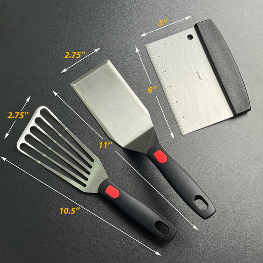 Stainless Steel Spatula Set with Heat Resistant Silicone Handle, Metal Spatulas For Kitchen Use, Thickened Smash Burger Spatula, Fish Flipper, Bench Scraper