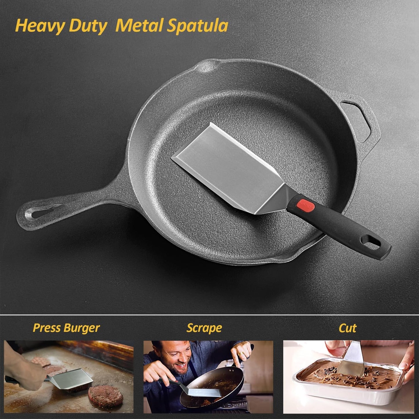Stainless Steel Spatula Set with Heat Resistant Silicone Handle, Metal Spatulas For Kitchen Use, Thickened Smash Burger Spatula, Fish Flipper, Bench Scraper
