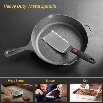 Stainless Steel Spatula Set with Heat Resistant Silicone Handle, Metal Spatulas For Kitchen Use, Thickened Smash Burger Spatula, Fish Flipper, Bench Scraper