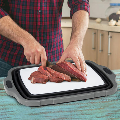 Collapsible Cutting Board(2.11 Gal/8L), BBQ Prep Tub with Locking Lid, Foldable Camping Sink with Colander, Multifunction Dish Basin for Kitchen, Bowl, Vegetable and Fruit, Storage Basket for Picnic