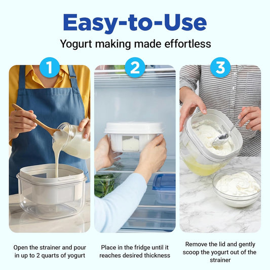 Yogurt Strainer, Make Delicious, High Protein, Greek Yogurt, 70% Less Sugar & Lactose, Fine Mesh Nylon Greek Yogurt Maker, 100% BPA-Free & Dishwasher Safe with Large 2.3 Quart Capacity