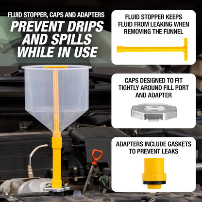 No-Spill Coolant Funnel Kit, 15 Piece Fluid and Oil Funnel Set, Allows Access To Hard-To-Reach Radiators | Allows Access To Hard-To-Reach Radiators, Includes 45° Angled and 5" Extension, Spill Free Funnel Kit Cooling System