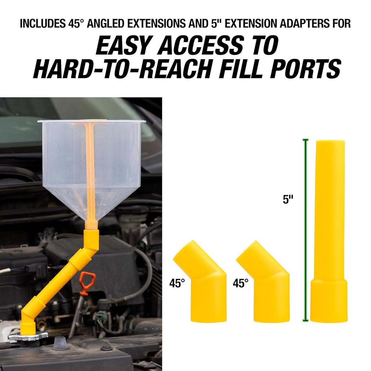 No-Spill Coolant Funnel Kit, 15 Piece Fluid and Oil Funnel Set, Allows Access To Hard-To-Reach Radiators | Allows Access To Hard-To-Reach Radiators, Includes 45° Angled and 5" Extension, Spill Free Funnel Kit Cooling System