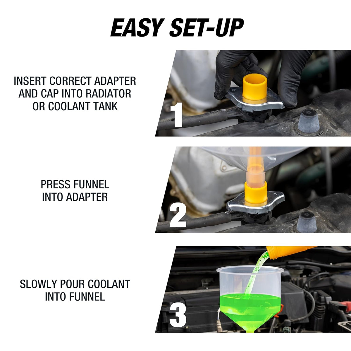 No-Spill Coolant Funnel Kit, 15 Piece Fluid and Oil Funnel Set, Allows Access To Hard-To-Reach Radiators | Allows Access To Hard-To-Reach Radiators, Includes 45° Angled and 5" Extension, Spill Free Funnel Kit Cooling System