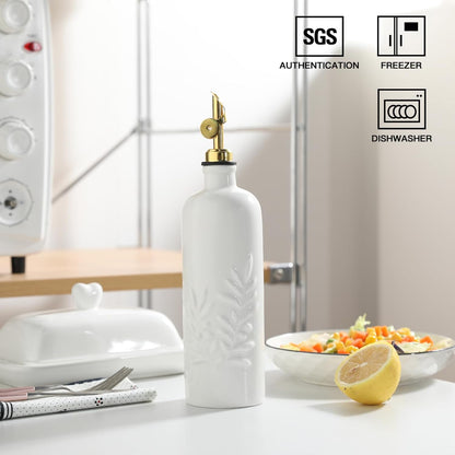 Sweejar 18 Oz Oil Dispenser for Kitchen with Gravity Spout, Ceramic Olive Oil Dispenser Bottle, Relief Opaque Vinegar Container for Evoo, Vinegar, Soy Sauce, Pack of 1(White, Gold Spout)
