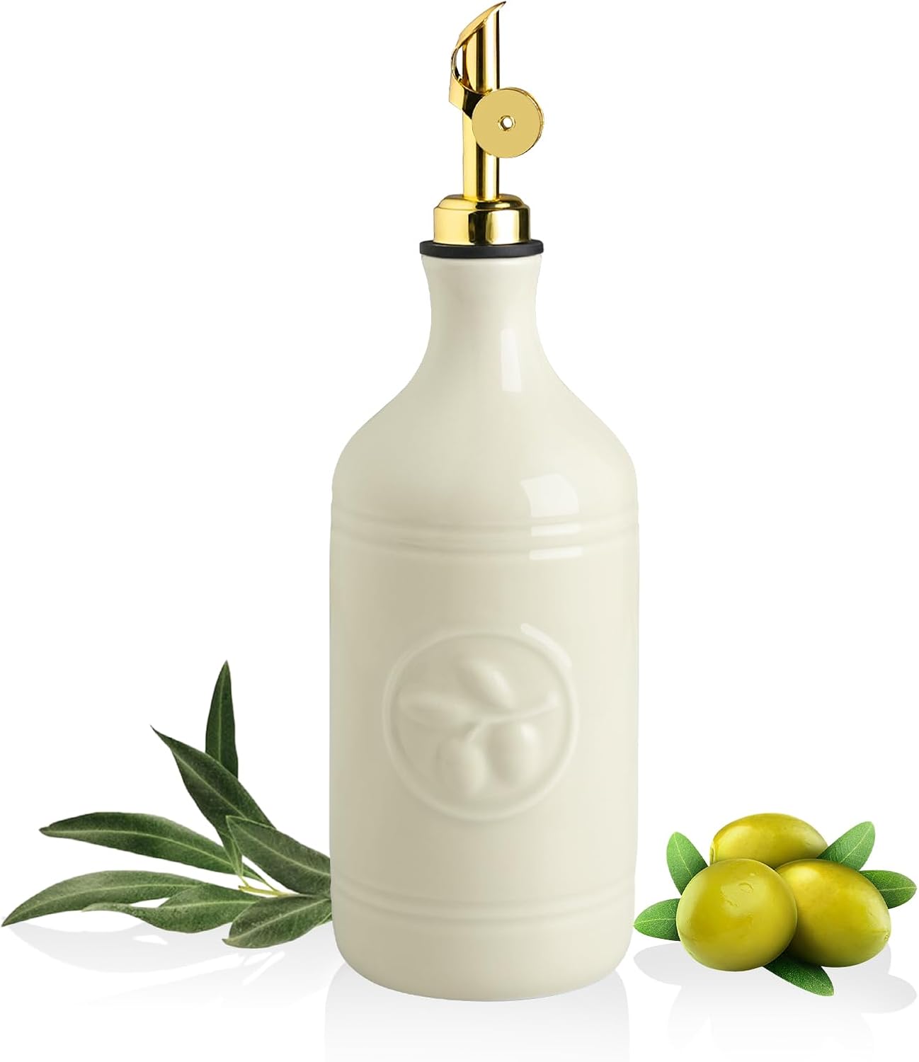 Sweejar 18 Oz Oil Dispenser for Kitchen with Gravity Spout, Ceramic Olive Oil Dispenser Bottle, Relief Opaque Vinegar Container for Evoo, Vinegar, Soy Sauce, Pack of 1(White, Gold Spout)