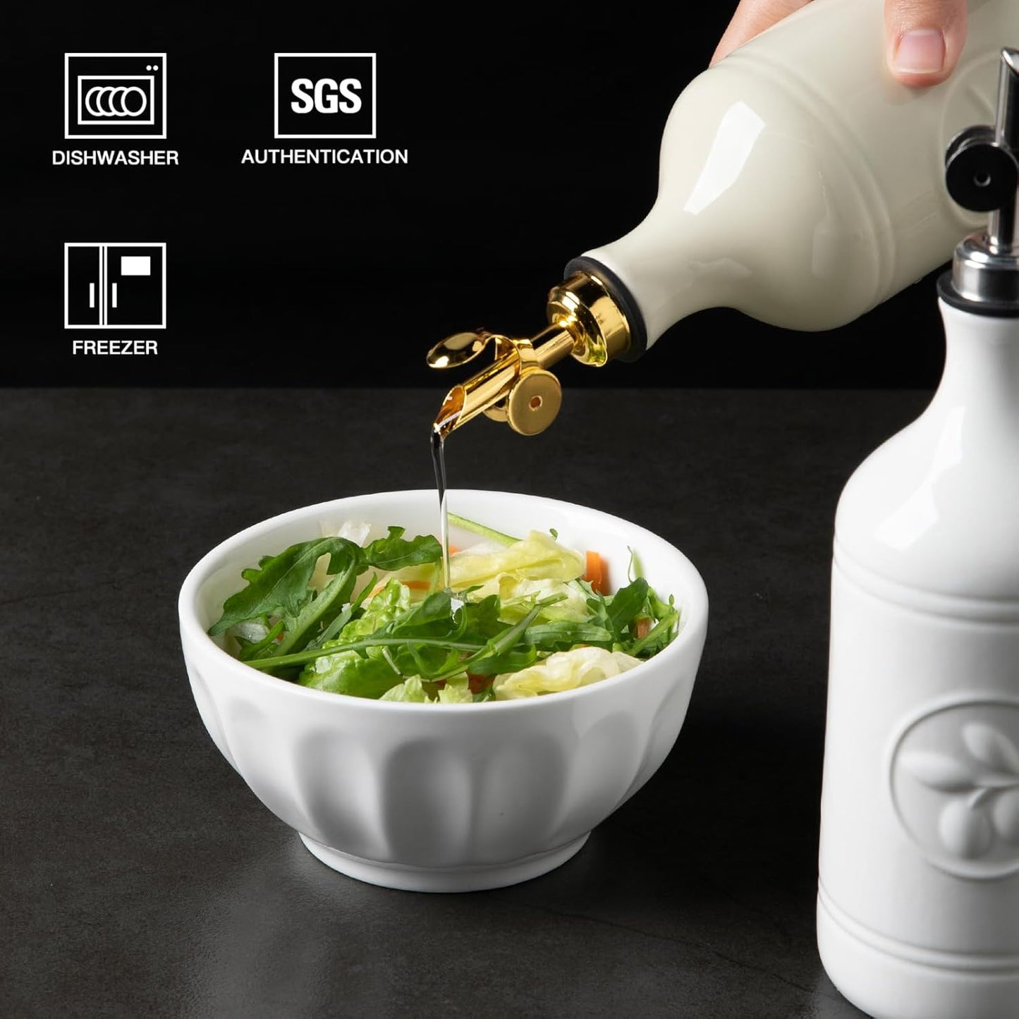 Sweejar 18 Oz Oil Dispenser for Kitchen with Gravity Spout, Ceramic Olive Oil Dispenser Bottle, Relief Opaque Vinegar Container for Evoo, Vinegar, Soy Sauce, Pack of 1(White, Gold Spout)