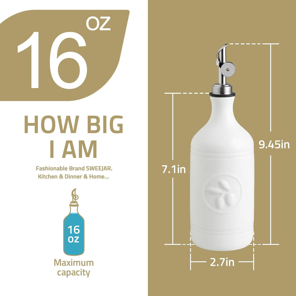 Sweejar 18 Oz Oil Dispenser for Kitchen with Gravity Spout, Ceramic Olive Oil Dispenser Bottle, Relief Opaque Vinegar Container for Evoo, Vinegar, Soy Sauce, Pack of 1(White, Gold Spout)