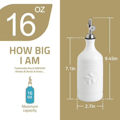 Sweejar 18 Oz Oil Dispenser for Kitchen with Gravity Spout, Ceramic Olive Oil Dispenser Bottle, Relief Opaque Vinegar Container for Evoo, Vinegar, Soy Sauce, Pack of 1(White, Gold Spout)