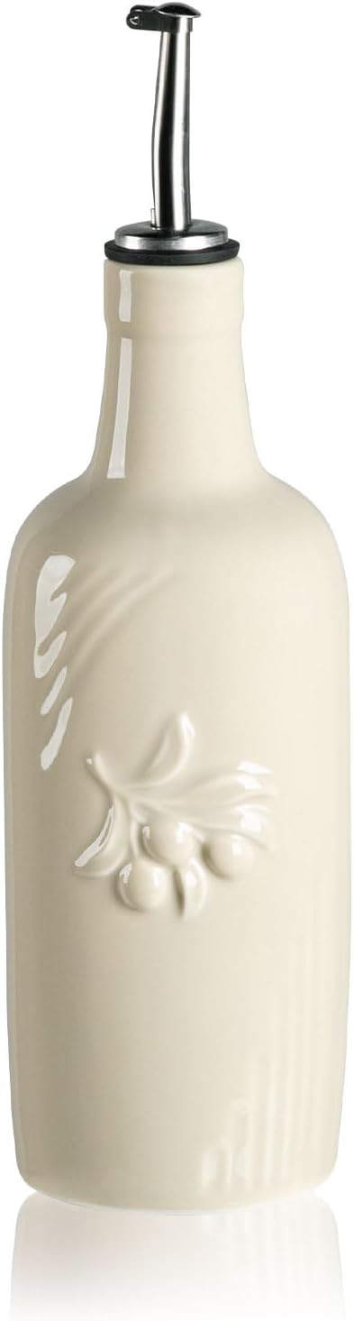 Sweejar 18 Oz Oil Dispenser for Kitchen with Gravity Spout, Ceramic Olive Oil Dispenser Bottle, Relief Opaque Vinegar Container for Evoo, Vinegar, Soy Sauce, Pack of 1(White, Gold Spout)