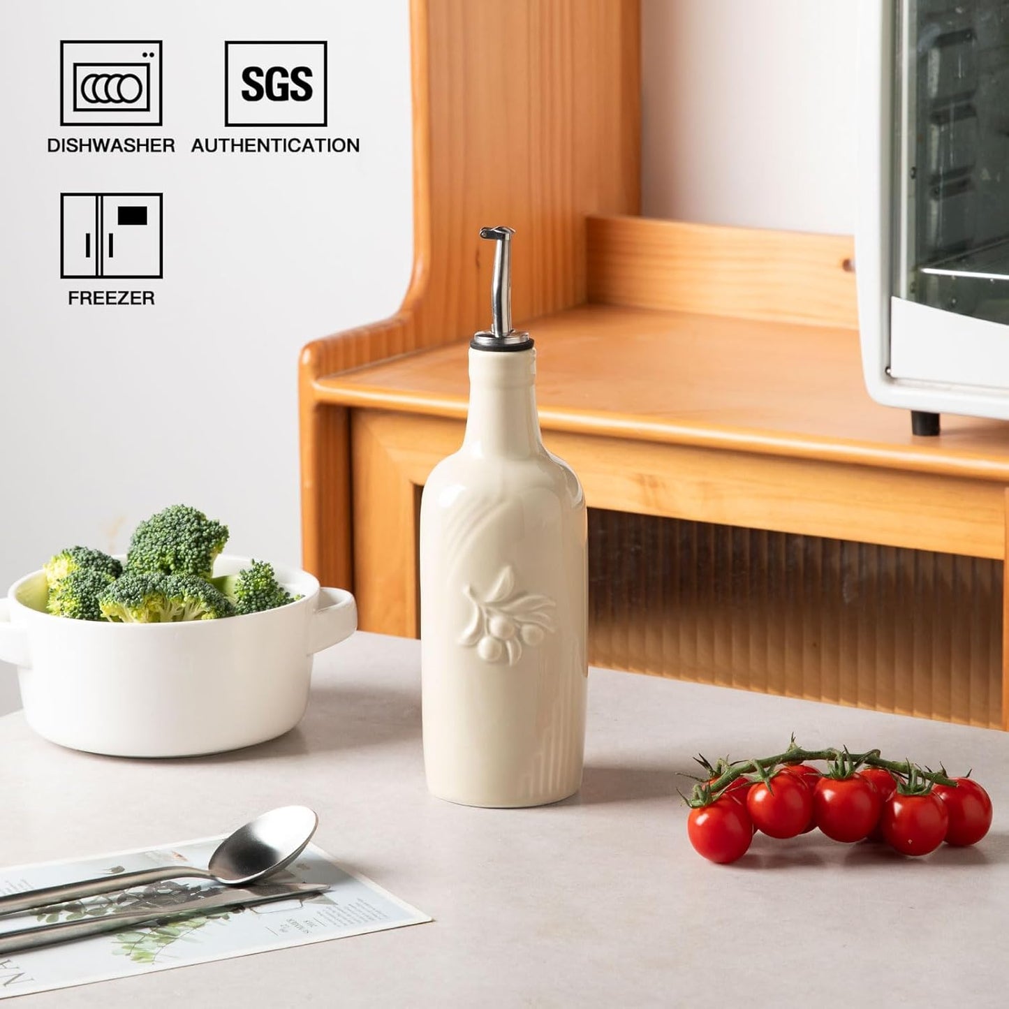Sweejar 18 Oz Oil Dispenser for Kitchen with Gravity Spout, Ceramic Olive Oil Dispenser Bottle, Relief Opaque Vinegar Container for Evoo, Vinegar, Soy Sauce, Pack of 1(White, Gold Spout)