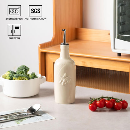 Sweejar 18 Oz Oil Dispenser for Kitchen with Gravity Spout, Ceramic Olive Oil Dispenser Bottle, Relief Opaque Vinegar Container for Evoo, Vinegar, Soy Sauce, Pack of 1(White, Gold Spout)