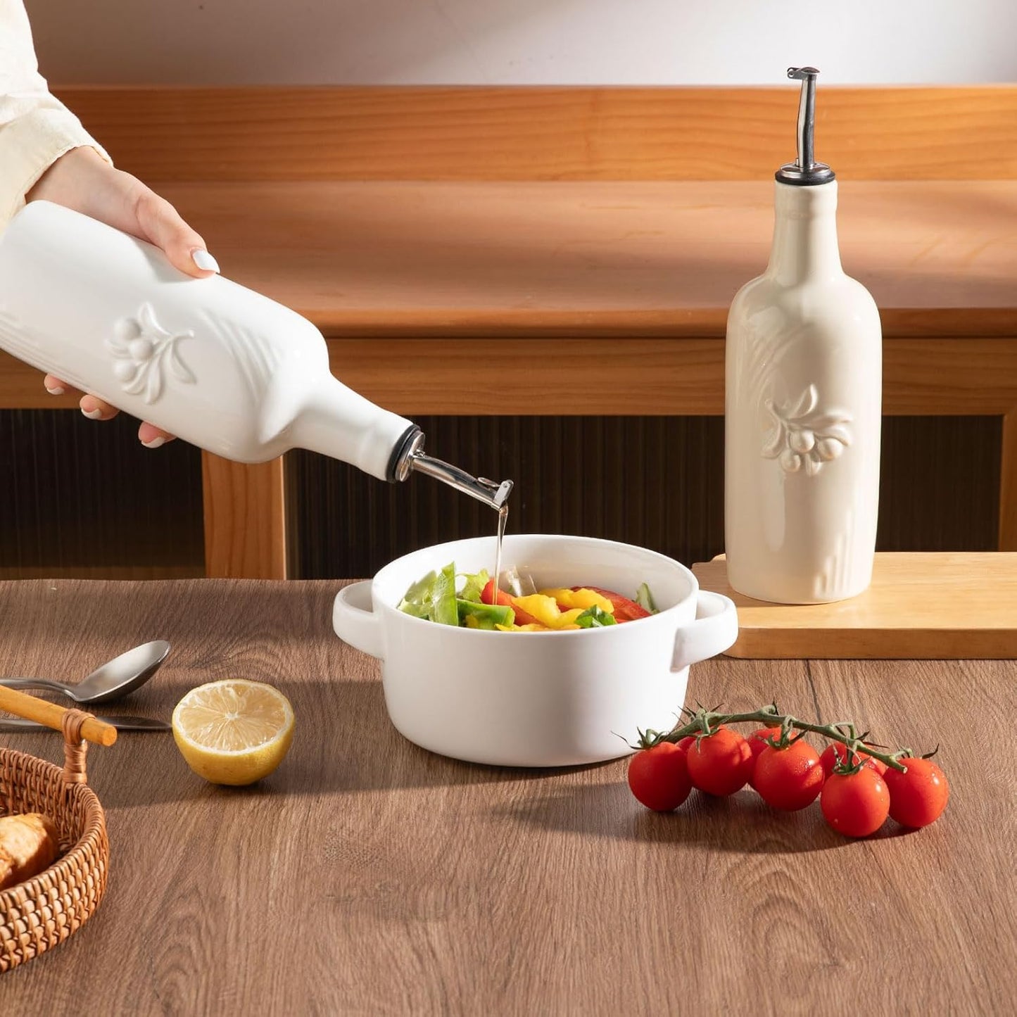 Sweejar 18 Oz Oil Dispenser for Kitchen with Gravity Spout, Ceramic Olive Oil Dispenser Bottle, Relief Opaque Vinegar Container for Evoo, Vinegar, Soy Sauce, Pack of 1(White, Gold Spout)