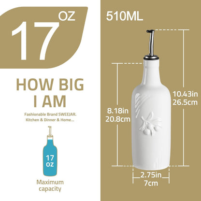 Sweejar 18 Oz Oil Dispenser for Kitchen with Gravity Spout, Ceramic Olive Oil Dispenser Bottle, Relief Opaque Vinegar Container for Evoo, Vinegar, Soy Sauce, Pack of 1(White, Gold Spout)