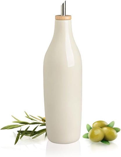 Sweejar 18 Oz Oil Dispenser for Kitchen with Gravity Spout, Ceramic Olive Oil Dispenser Bottle, Relief Opaque Vinegar Container for Evoo, Vinegar, Soy Sauce, Pack of 1(White, Gold Spout)