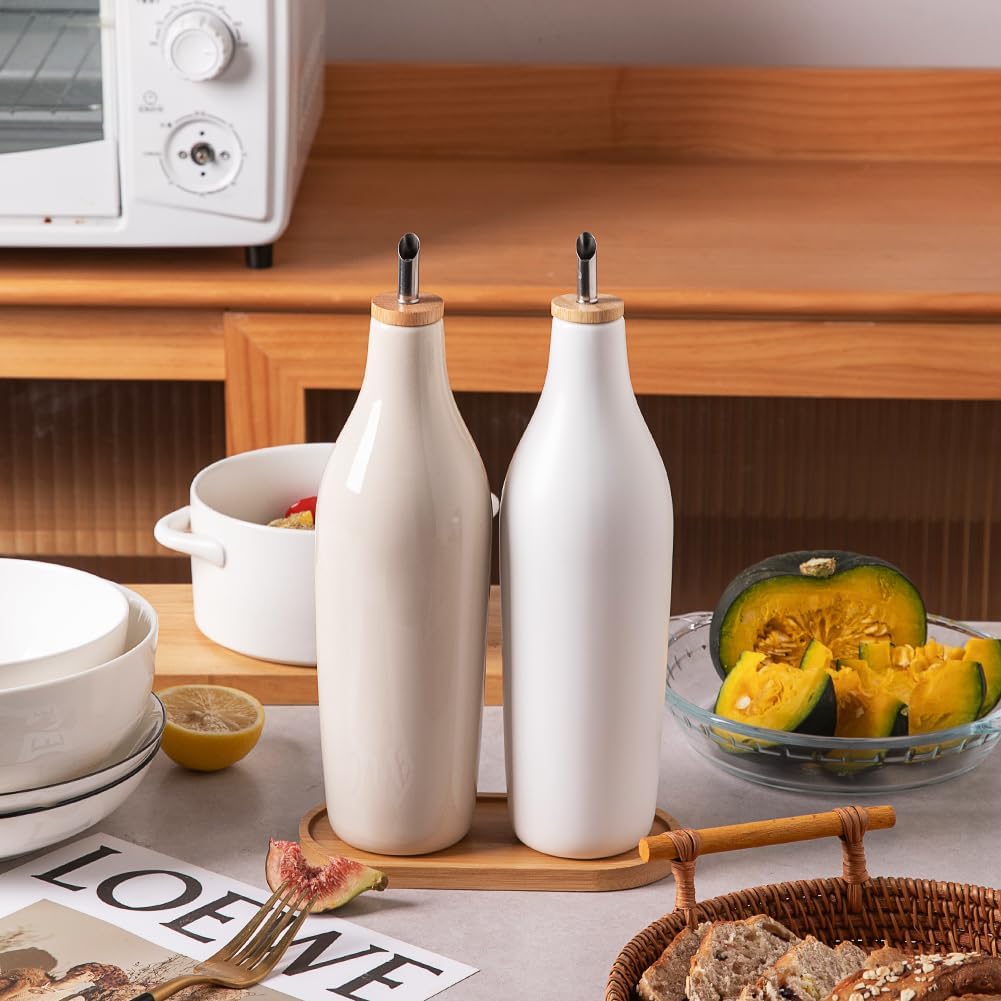 Sweejar 18 Oz Oil Dispenser for Kitchen with Gravity Spout, Ceramic Olive Oil Dispenser Bottle, Relief Opaque Vinegar Container for Evoo, Vinegar, Soy Sauce, Pack of 1(White, Gold Spout)