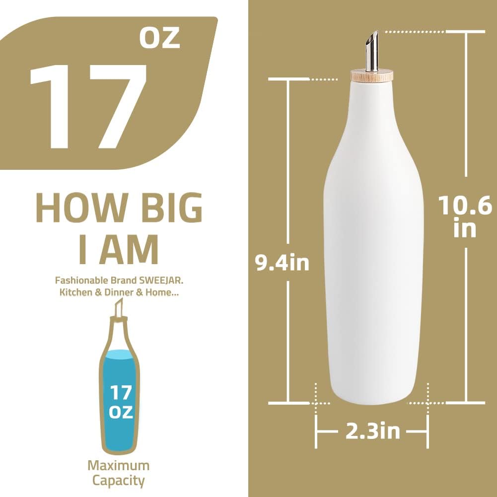 Sweejar 18 Oz Oil Dispenser for Kitchen with Gravity Spout, Ceramic Olive Oil Dispenser Bottle, Relief Opaque Vinegar Container for Evoo, Vinegar, Soy Sauce, Pack of 1(White, Gold Spout)